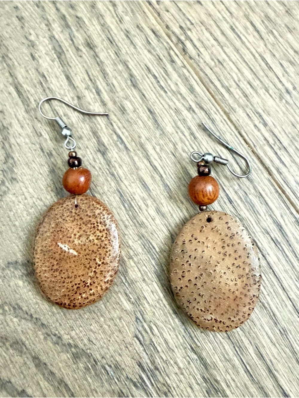 Handcrafted Brown Wood and Resin Oval Drop Earrings lightweight